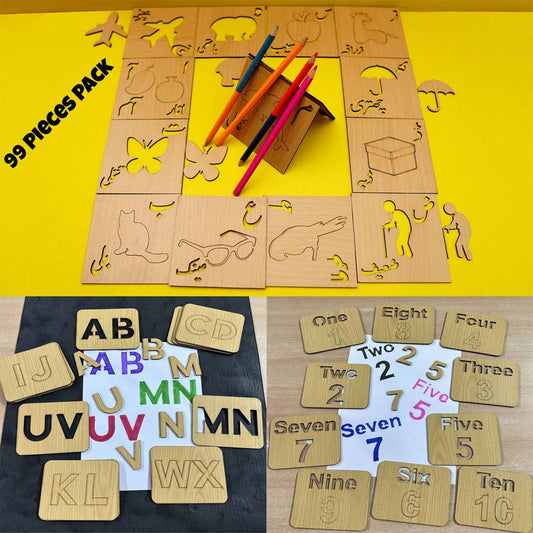 3 in 1 Wooden Kids Drawing Stencils + Puzzle Jumbo Pack ( 99 Pieces Set)